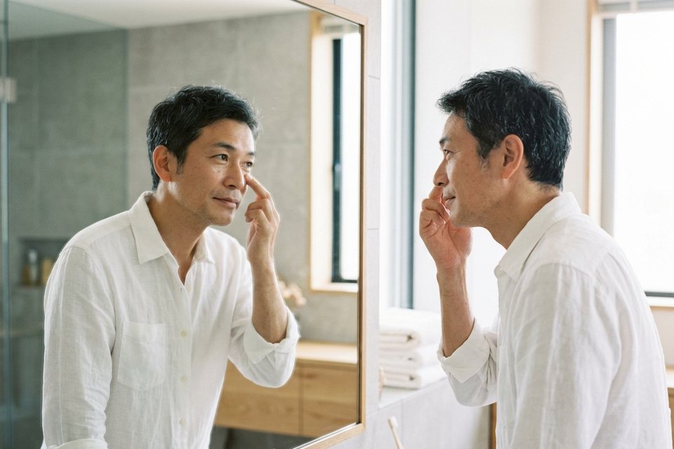 鏡の前で目の下に指を当て、自分の目元を確かめる男性