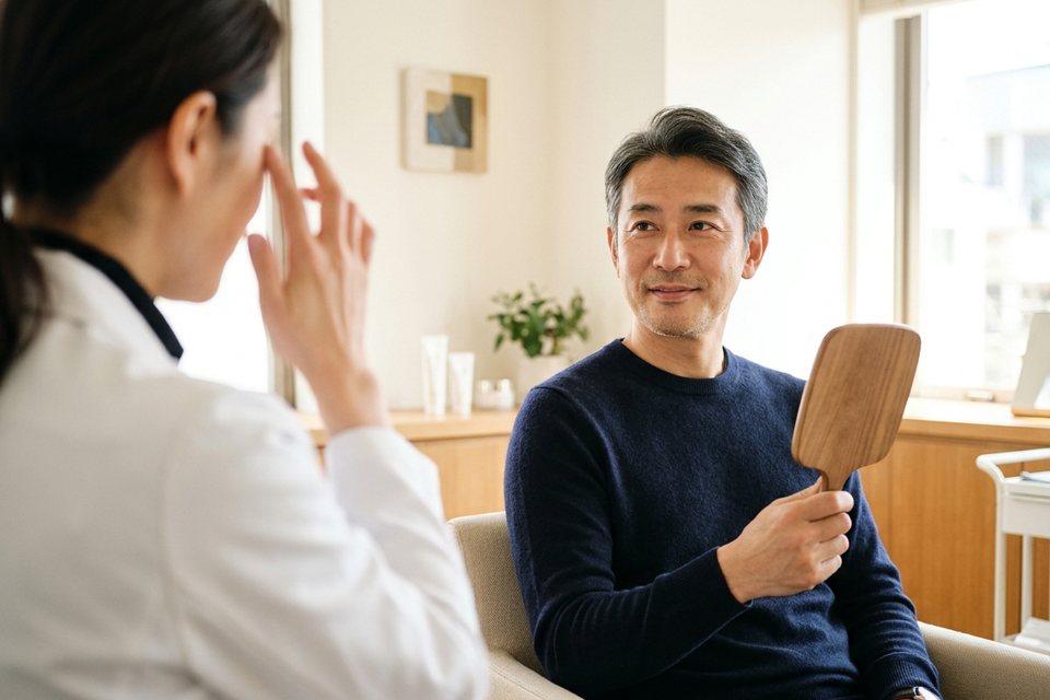 診察室で手鏡を持ち、医師の説明を聞く男性