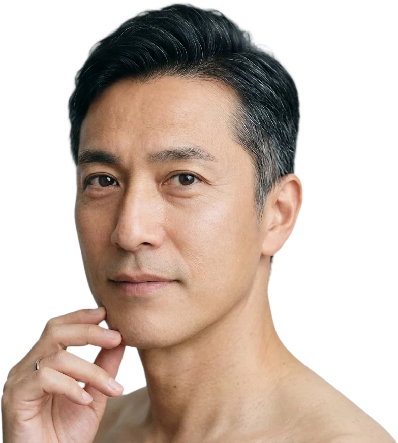 あごに手を添えてこちらを見る男性